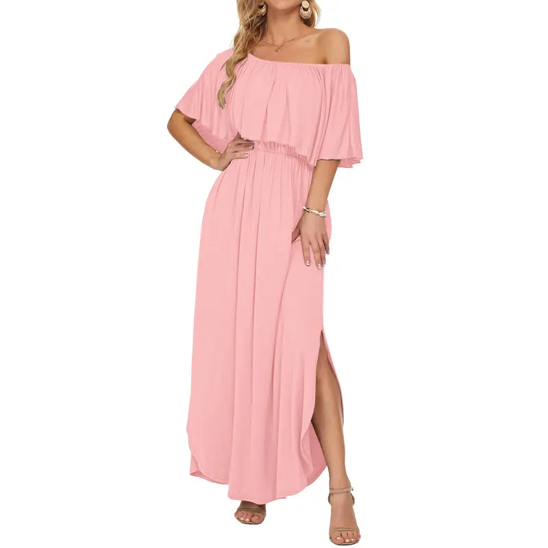 Floral Off-Shoulder Maxi Dress, Flowy Elastic Waist Dress with Side Slit