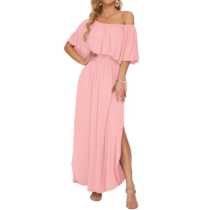 Floral Off-Shoulder Maxi Dress, Flowy Elastic Waist Dress with Side Slit