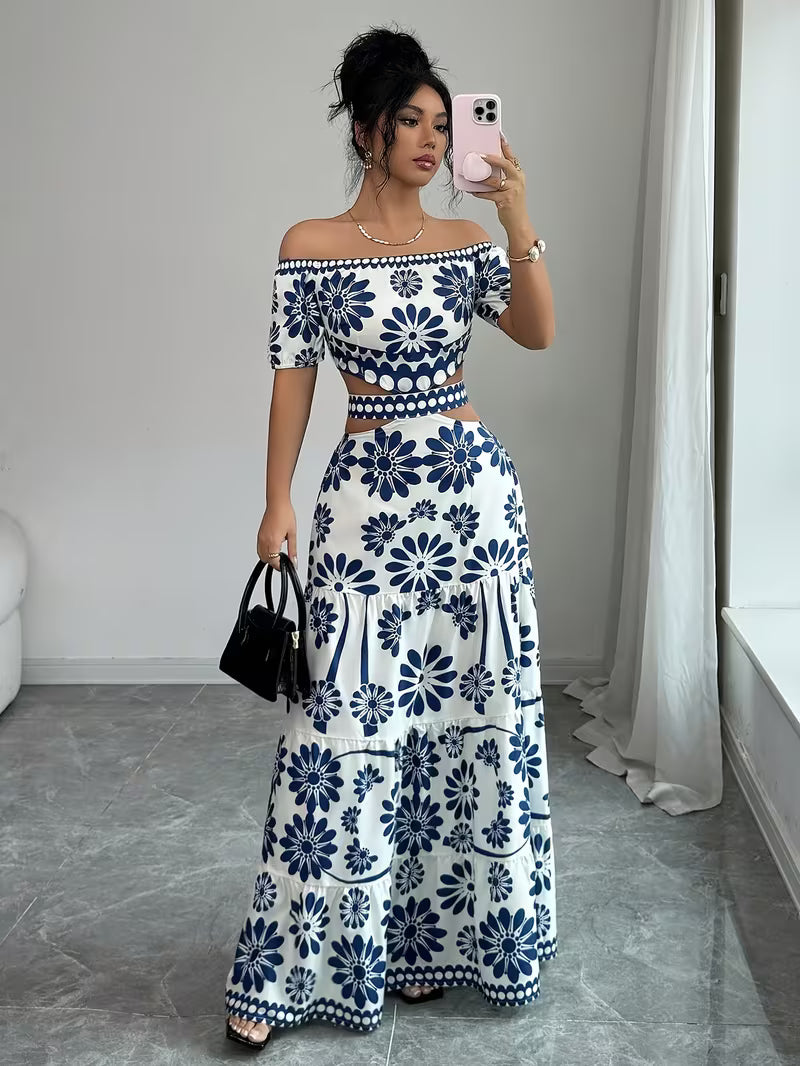 Floral Off-Shoulder Waist Cutout Dress