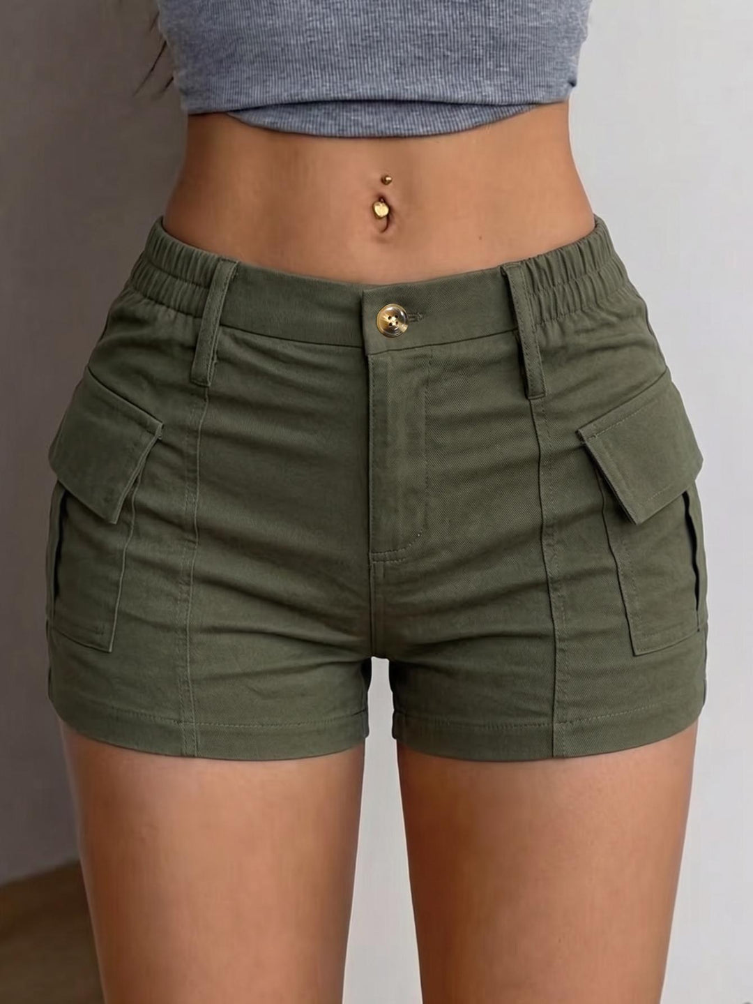 High Waist Cargo Shorts With Elastic Back Waist