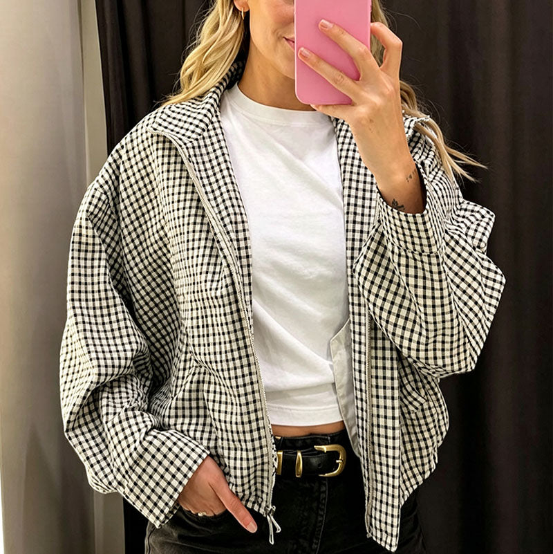 Cropped plaid jacket with a stand collar