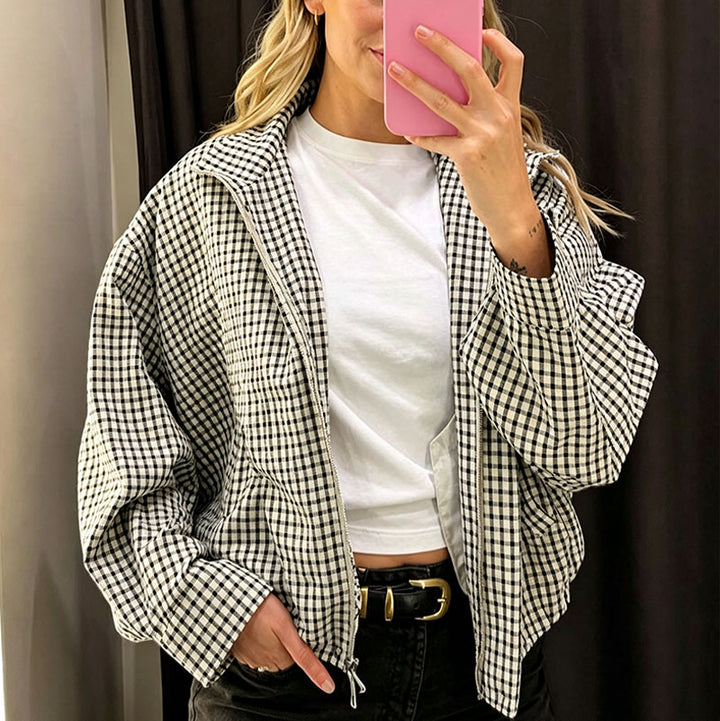 Cropped plaid jacket with a stand collar