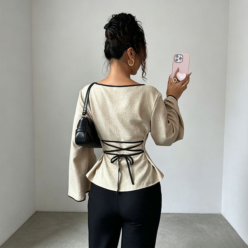 Waist Tie Flared Sleeve Solid Top