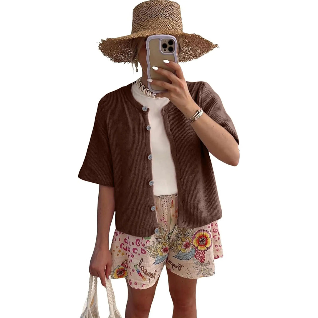 Short-Sleeve Knit Cardigan, Button-Up Relaxed Fit Top