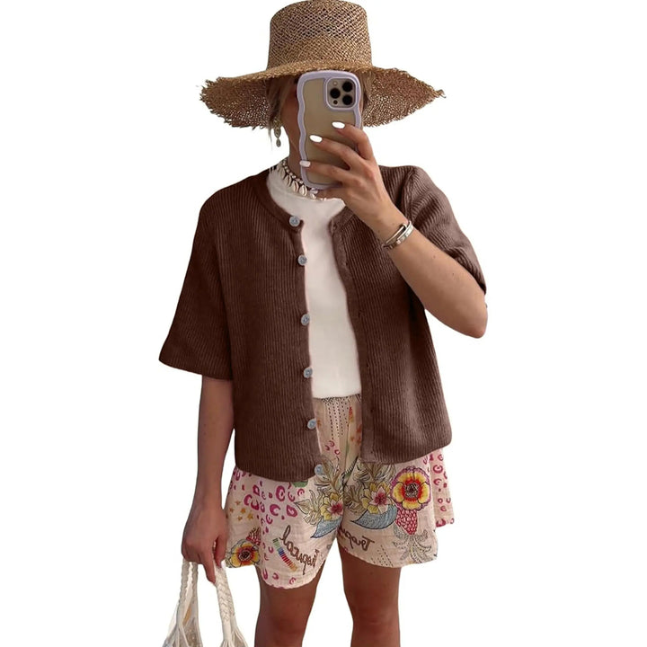 Short-Sleeve Knit Cardigan, Button-Up Relaxed Fit Top