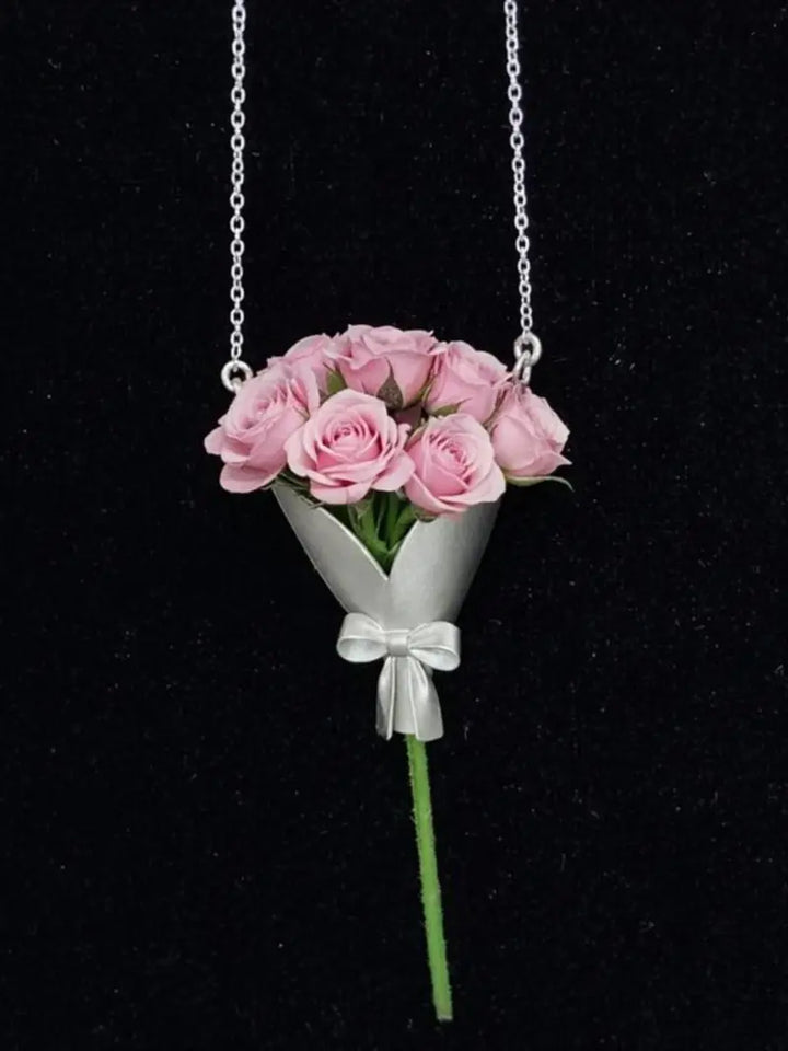 Sterling Silver Flower Bouquet Jewelry Set | Necklace Earrings &amp;amp; Brooch Matte Finish