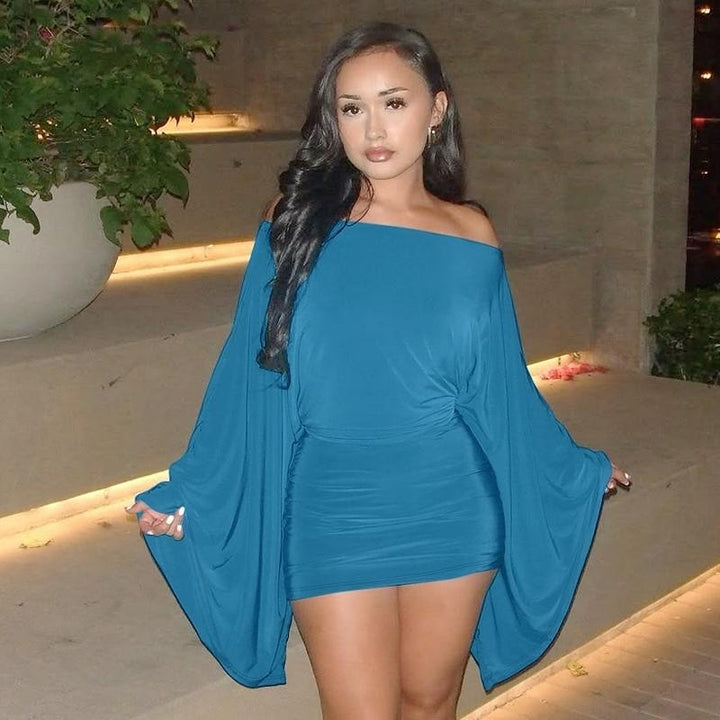 Off-Shoulder Flare Sleeve Ruched Mini Dress