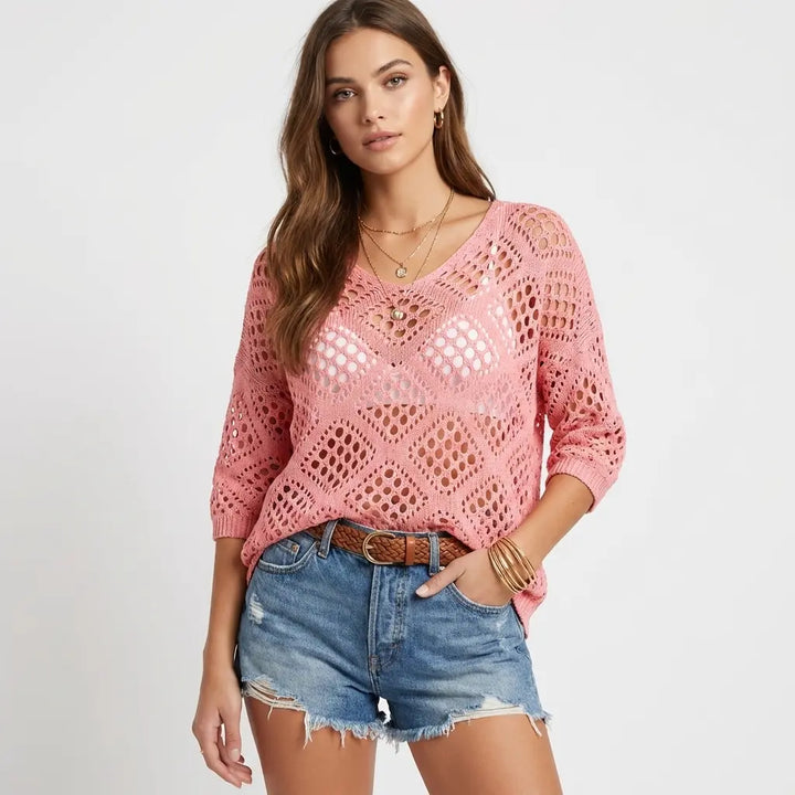 Multi-Color Crochet Knit Top, V-Neck Elbow Sleeve Openwork Sweater for Women