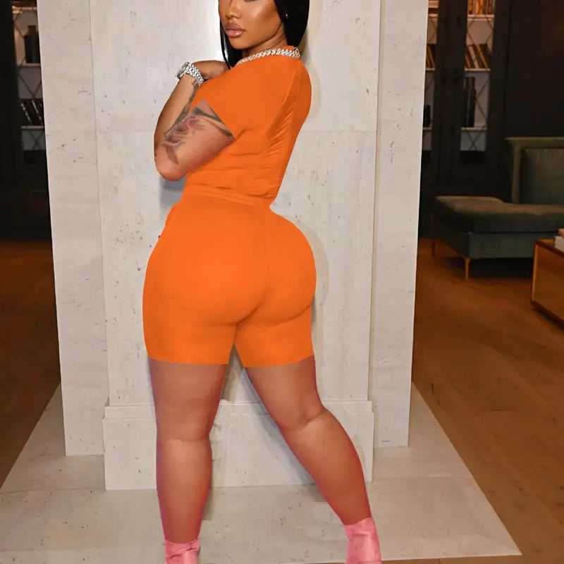 Short Sleeve Top Drawstring Biker Shorts Two-Piece Set
