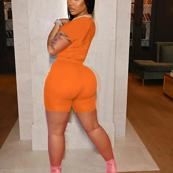 Short Sleeve Top Drawstring Biker Shorts Two-Piece Set