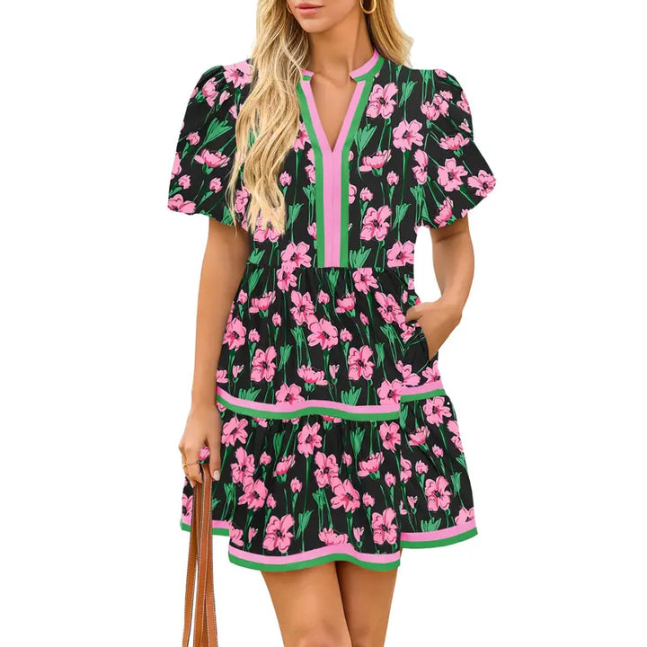 Color Block Trim Blue Floral Puff Sleeve Tiered Mini Dress With Pockets