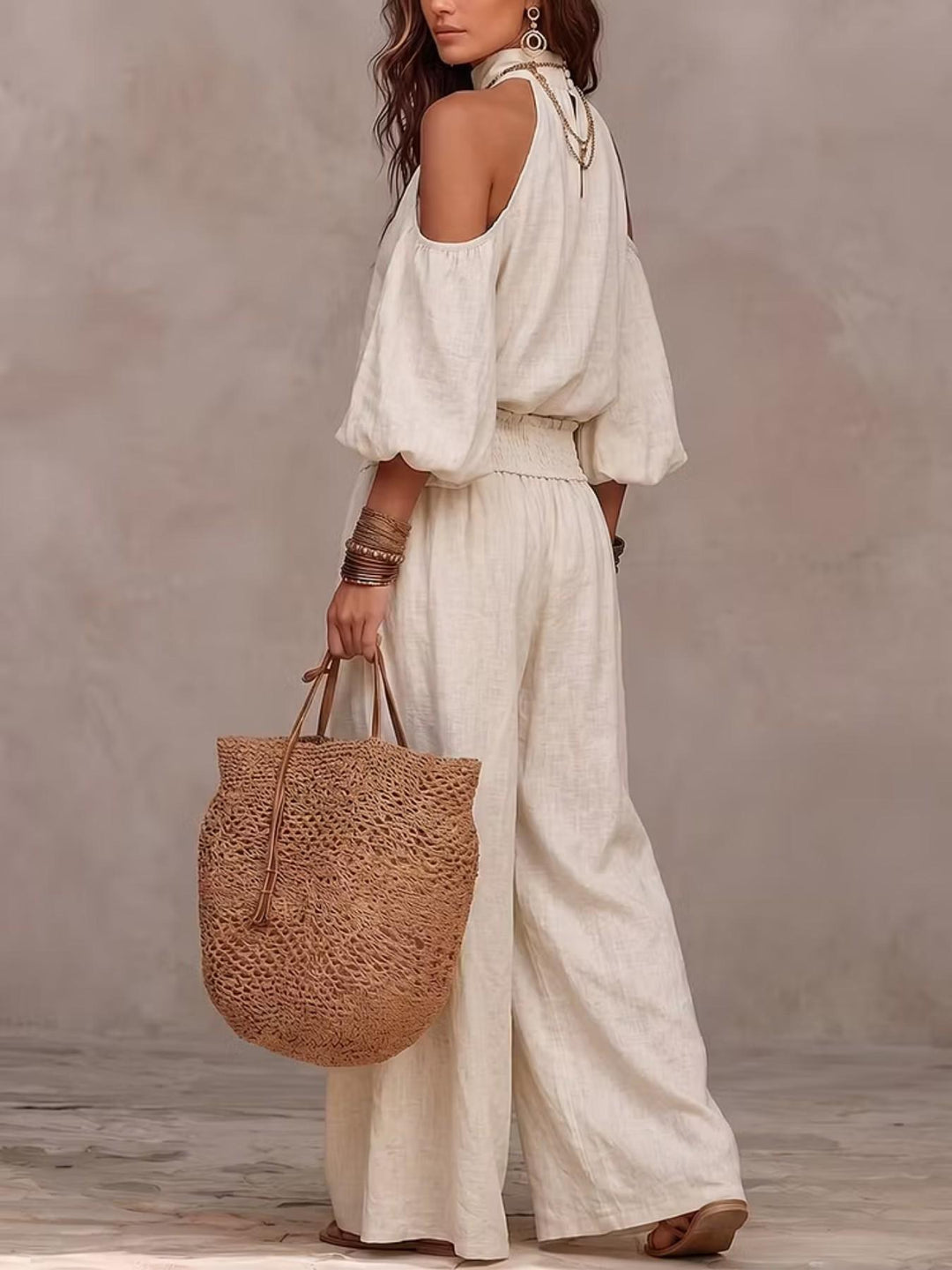 Cold Shoulder Halter Neck Linen Blend Two Piece Set