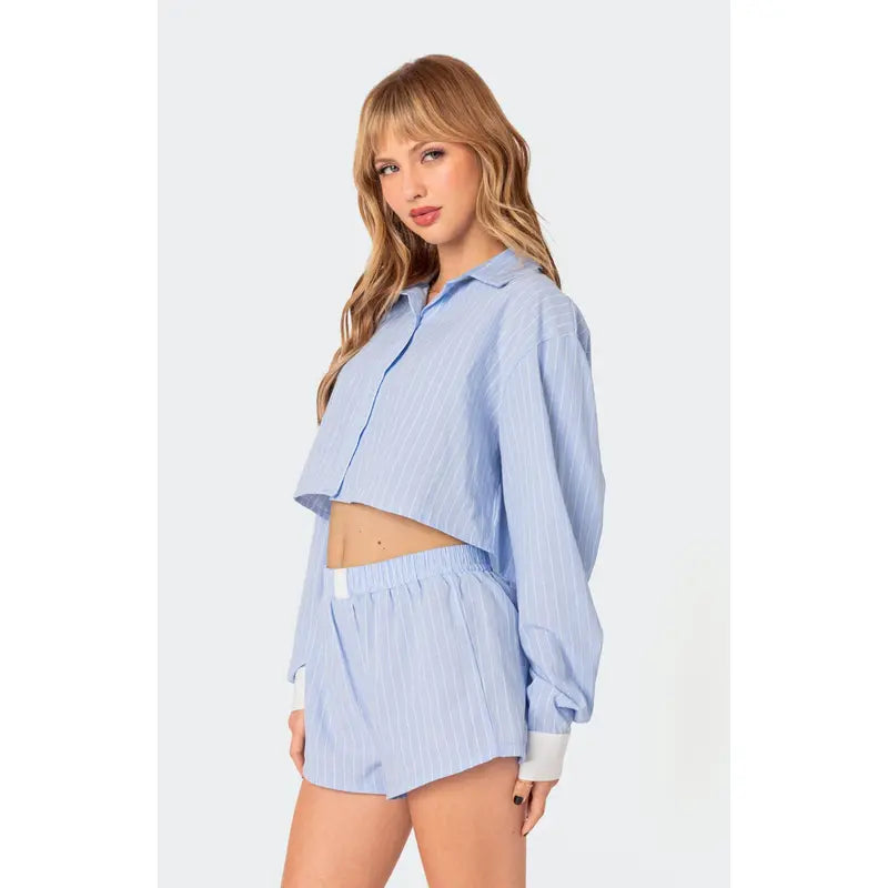 Striped Cropped Button-Down Shirt &amp;amp; Elastic Waist Shorts 2-Piece Set