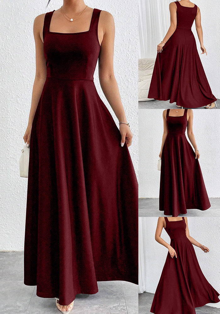 Square Neck A-Line Maxi Dress - Elegant Sleeveless Evening Gown