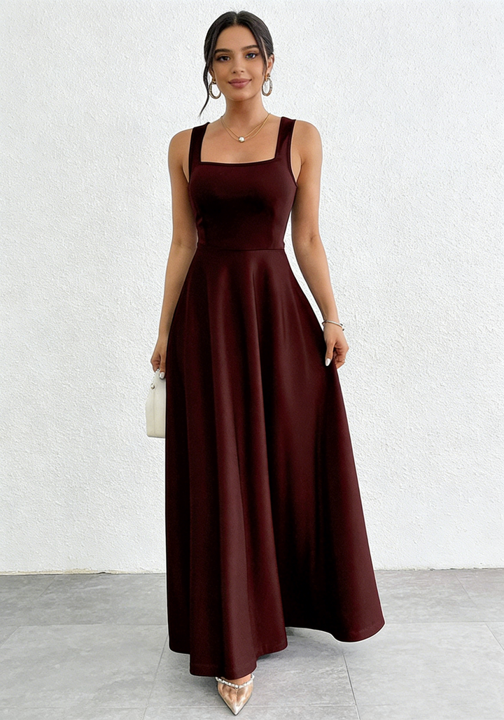 Square Neck A-Line Maxi Dress - Elegant Sleeveless Evening Gown