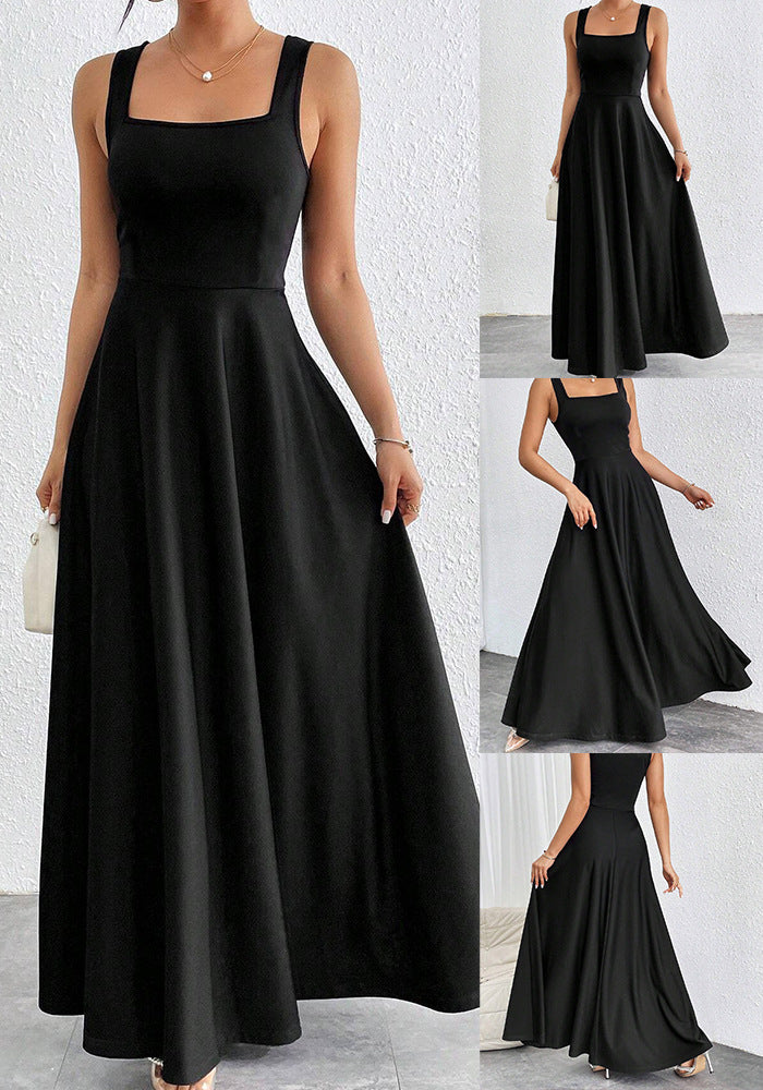 Square Neck A-Line Maxi Dress - Elegant Sleeveless Evening Gown