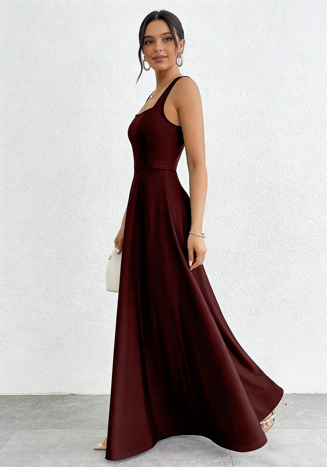 Square Neck A-Line Maxi Dress - Elegant Sleeveless Evening Gown