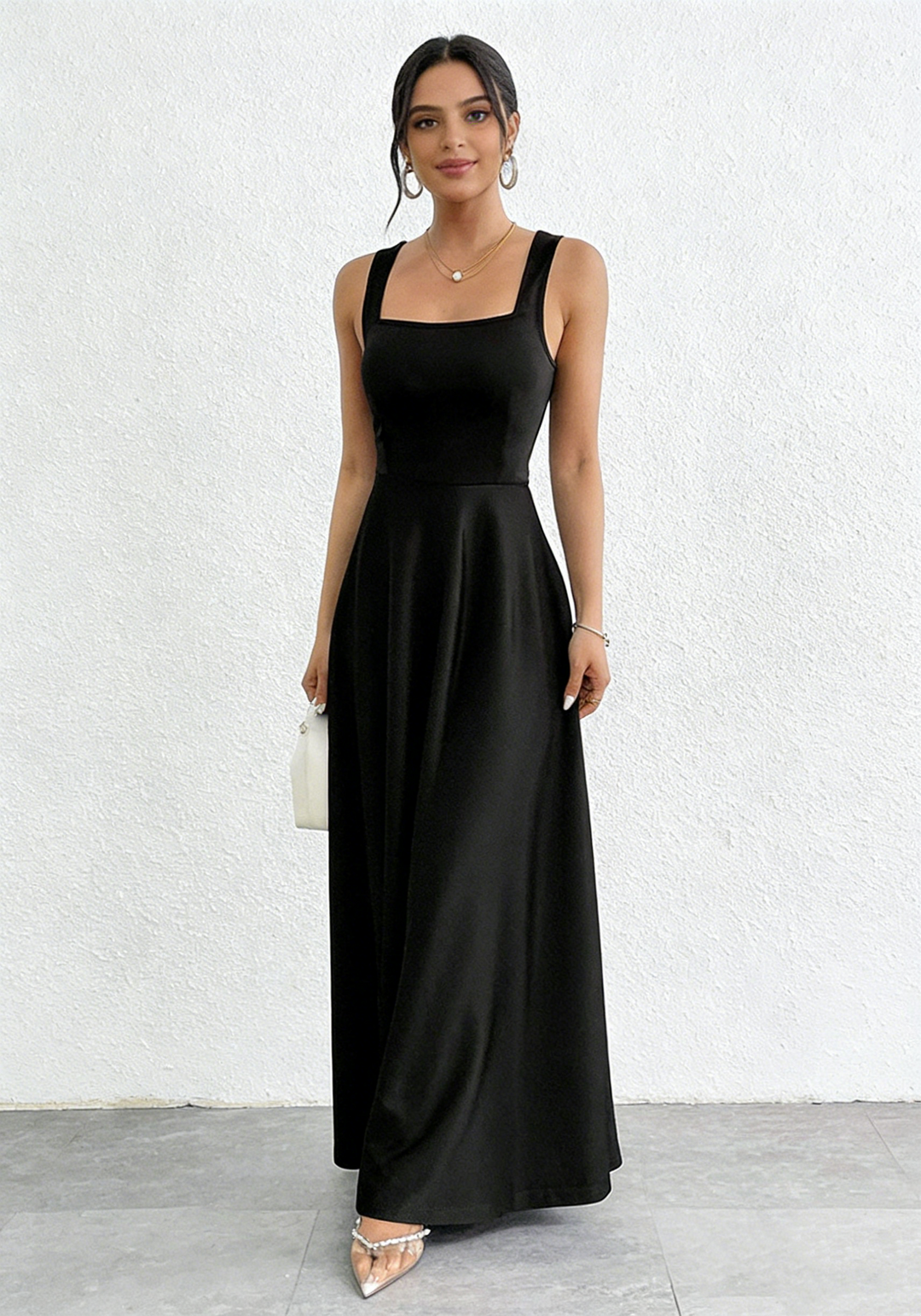 Square Neck A-Line Maxi Dress - Elegant Sleeveless Evening Gown