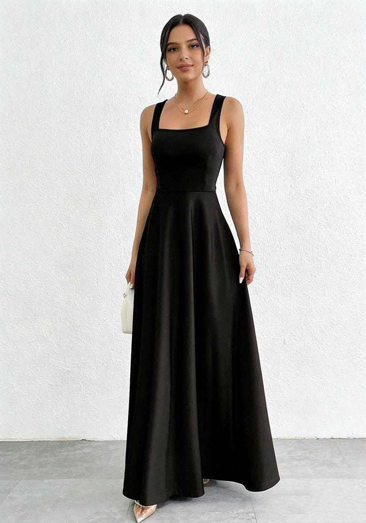 Square Neck A-Line Maxi Dress - Elegant Sleeveless Evening Gown