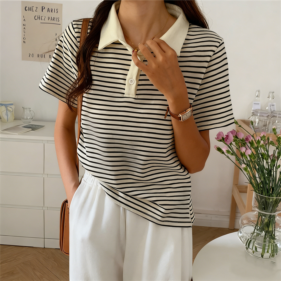 Striped Cropped Polo Knit Top