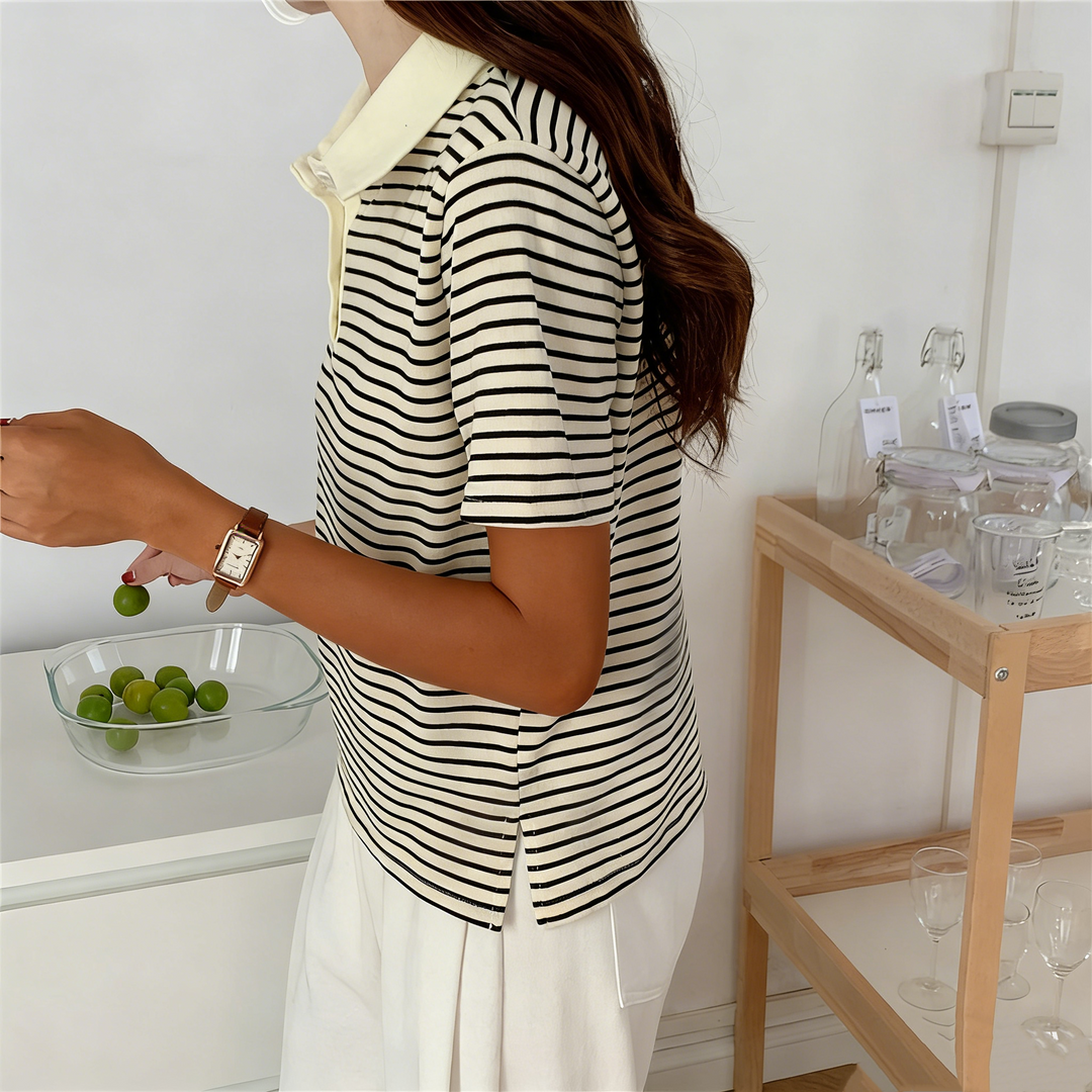 Striped Cropped Polo Knit Top