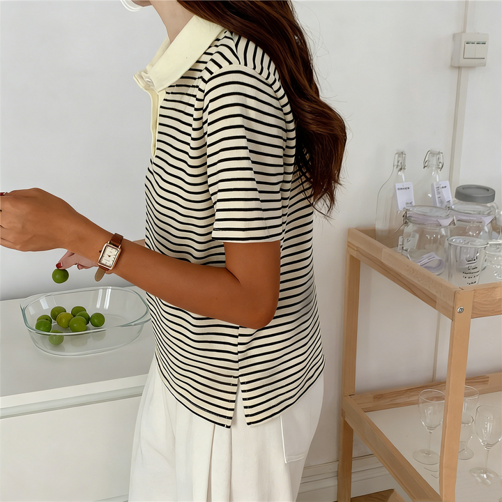Striped Cropped Polo Knit Top