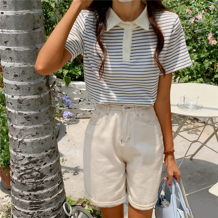 Striped Cropped Polo Knit Top