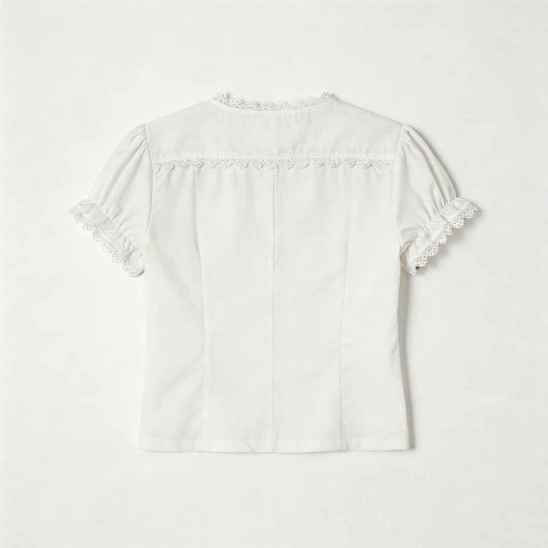 Lace Trim Tie-Front Puff Sleeve Crop Top