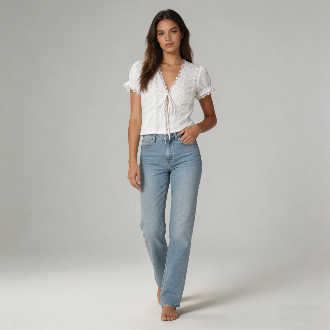 Lace Trim Tie-Front Puff Sleeve Crop Top