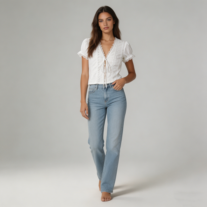 Lace Trim Tie-Front Puff Sleeve Crop Top