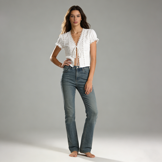 Lace Trim Tie-Front Puff Sleeve Crop Top