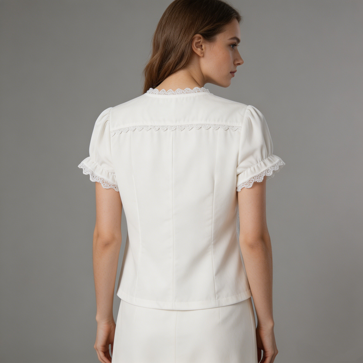 Lace Trim Tie-Front Puff Sleeve Crop Top