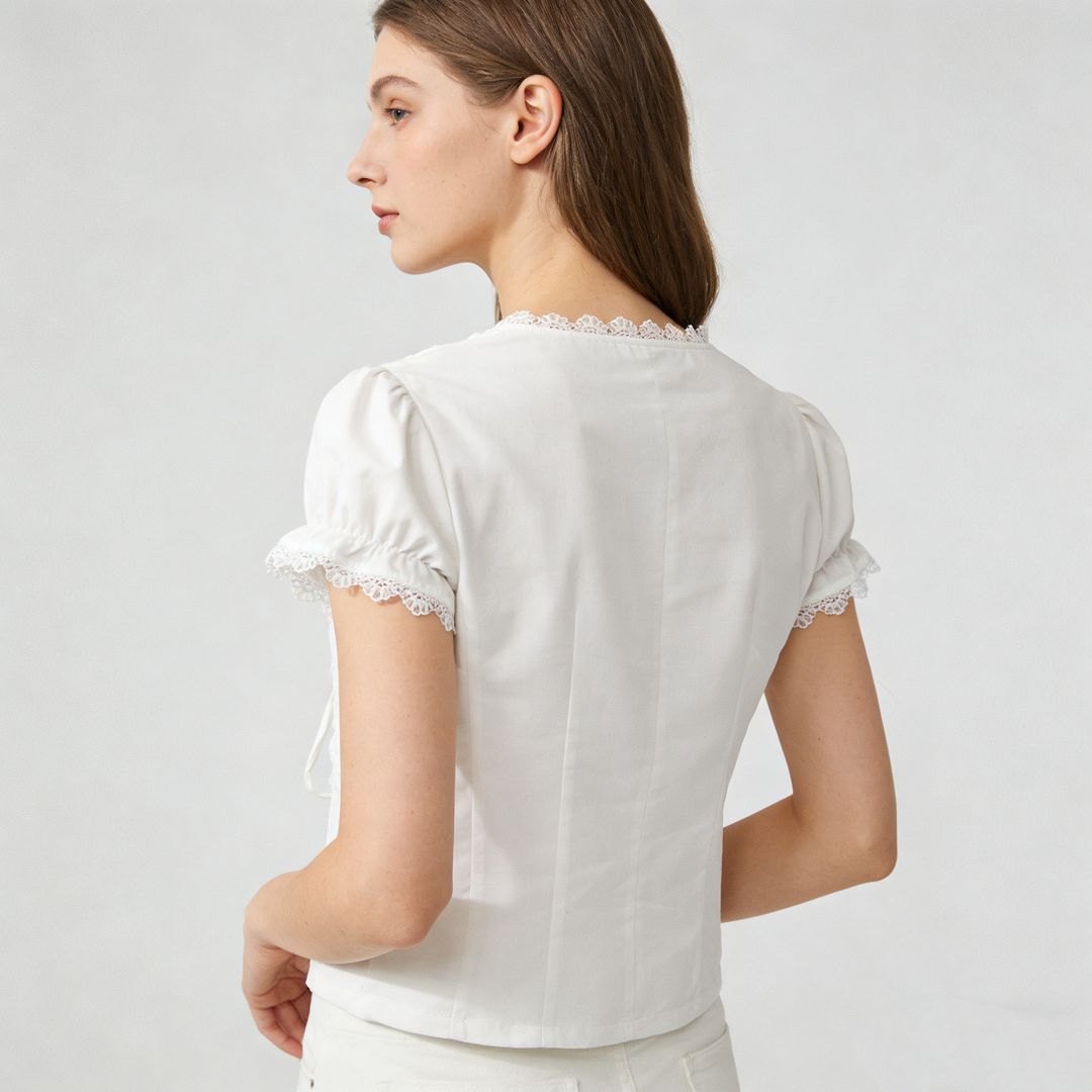 Lace Trim Tie-Front Puff Sleeve Crop Top