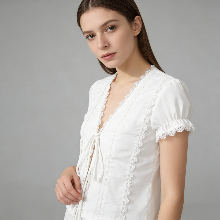 Lace Trim Tie-Front Puff Sleeve Crop Top
