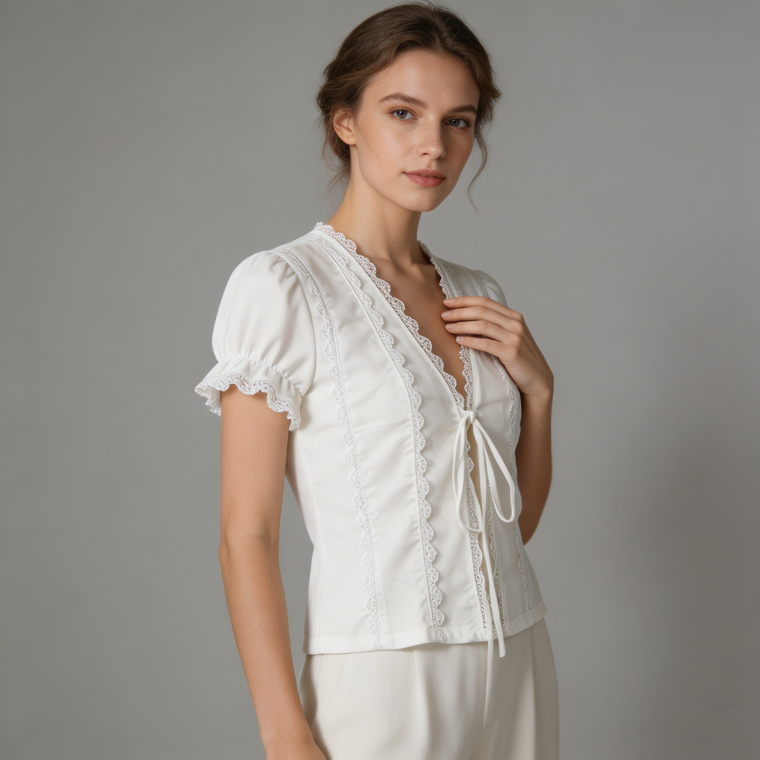 Lace Trim Tie-Front Puff Sleeve Crop Top