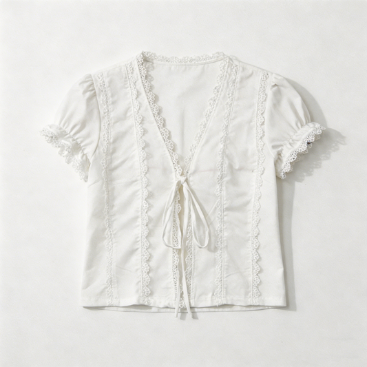 Lace Trim Tie-Front Puff Sleeve Crop Top