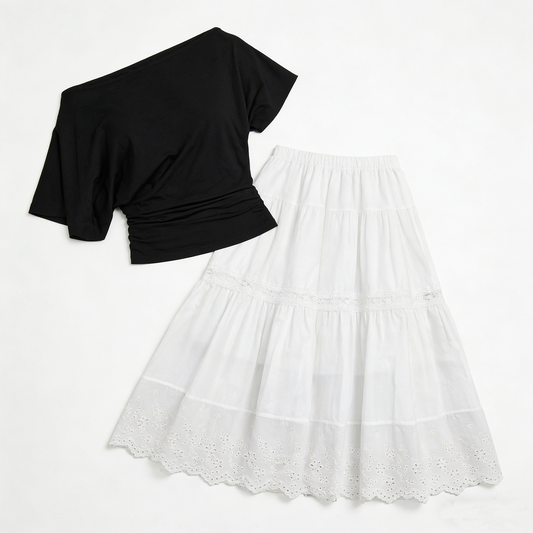 Asymmetrical Ruched Top &amp; Eyelet Midi Skirt Set