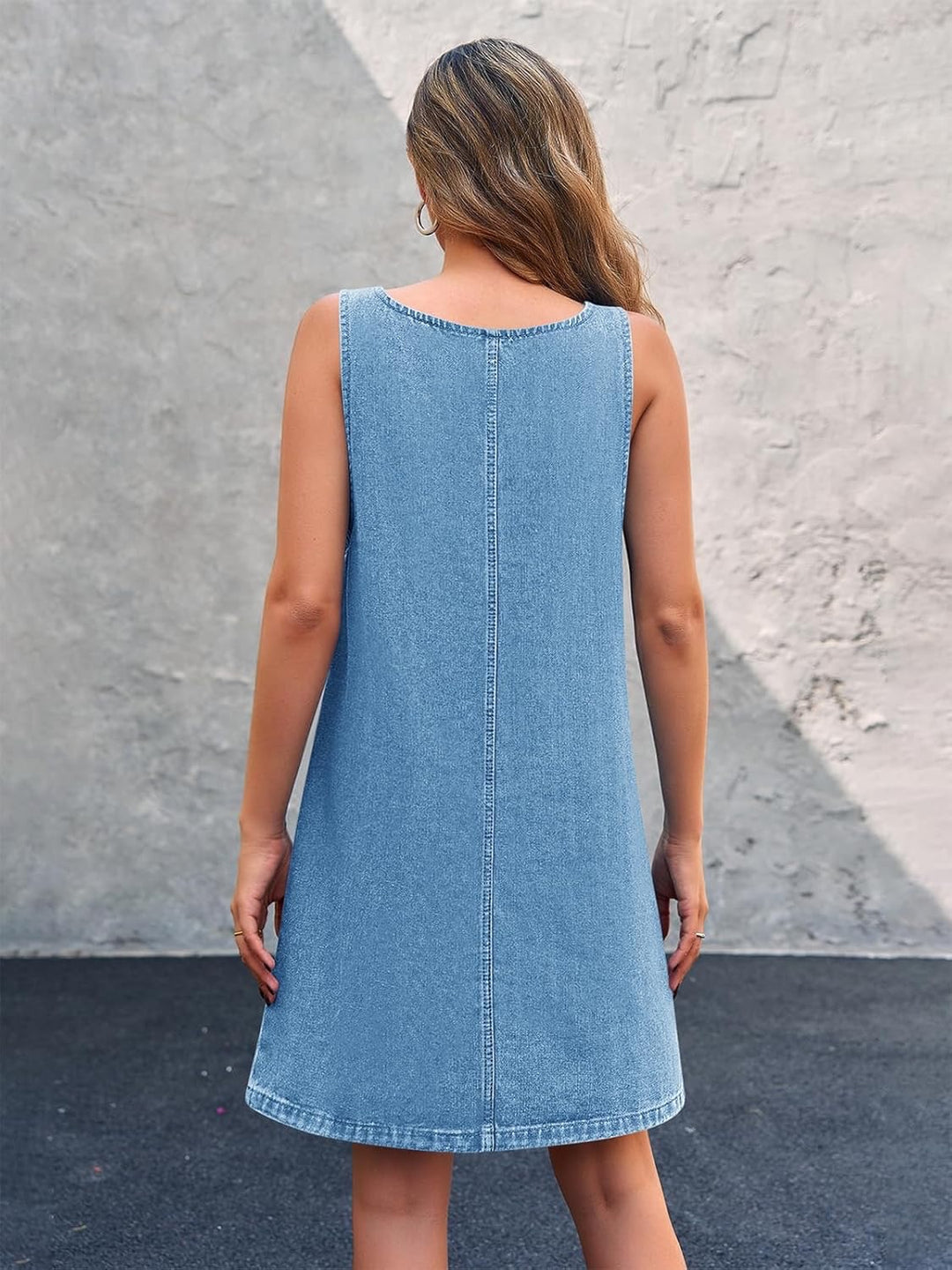Pocketed Denim Pinafore Mini Dress | Adjustable Sleeveless Square Neck Overalls
