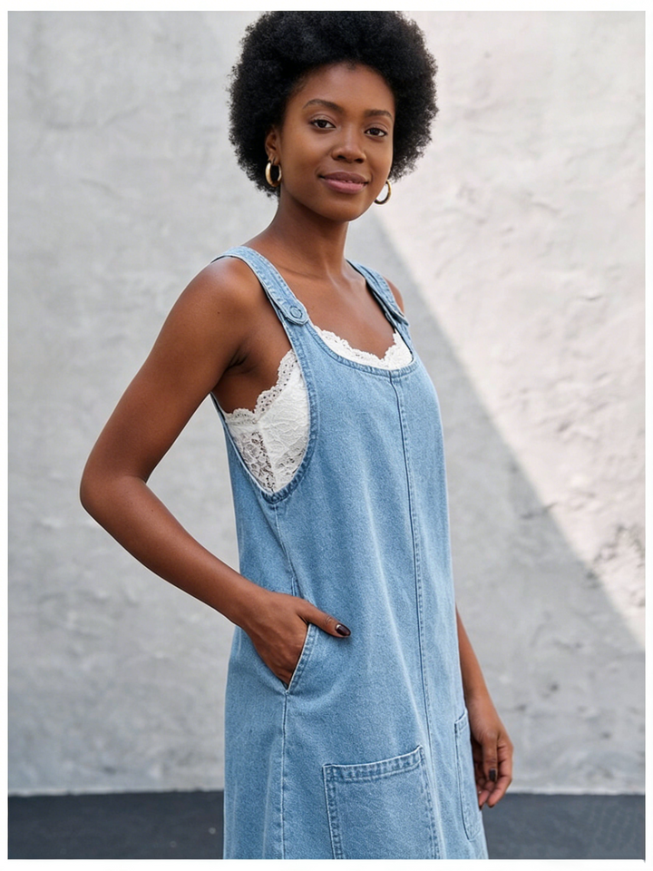 Pocketed Denim Pinafore Mini Dress | Adjustable Sleeveless Square Neck Overalls