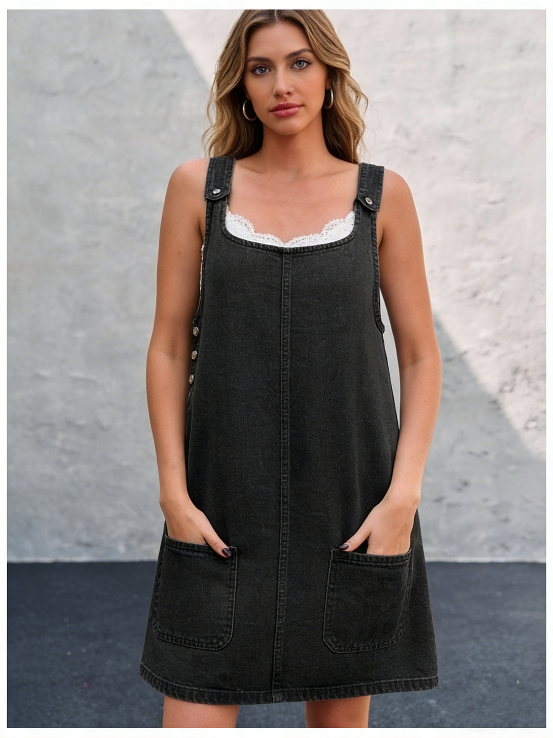 Pocketed Denim Pinafore Mini Dress | Adjustable Sleeveless Square Neck Overalls