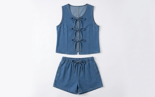Chambray Tie-Front Vest & High-Waist Shorts Set