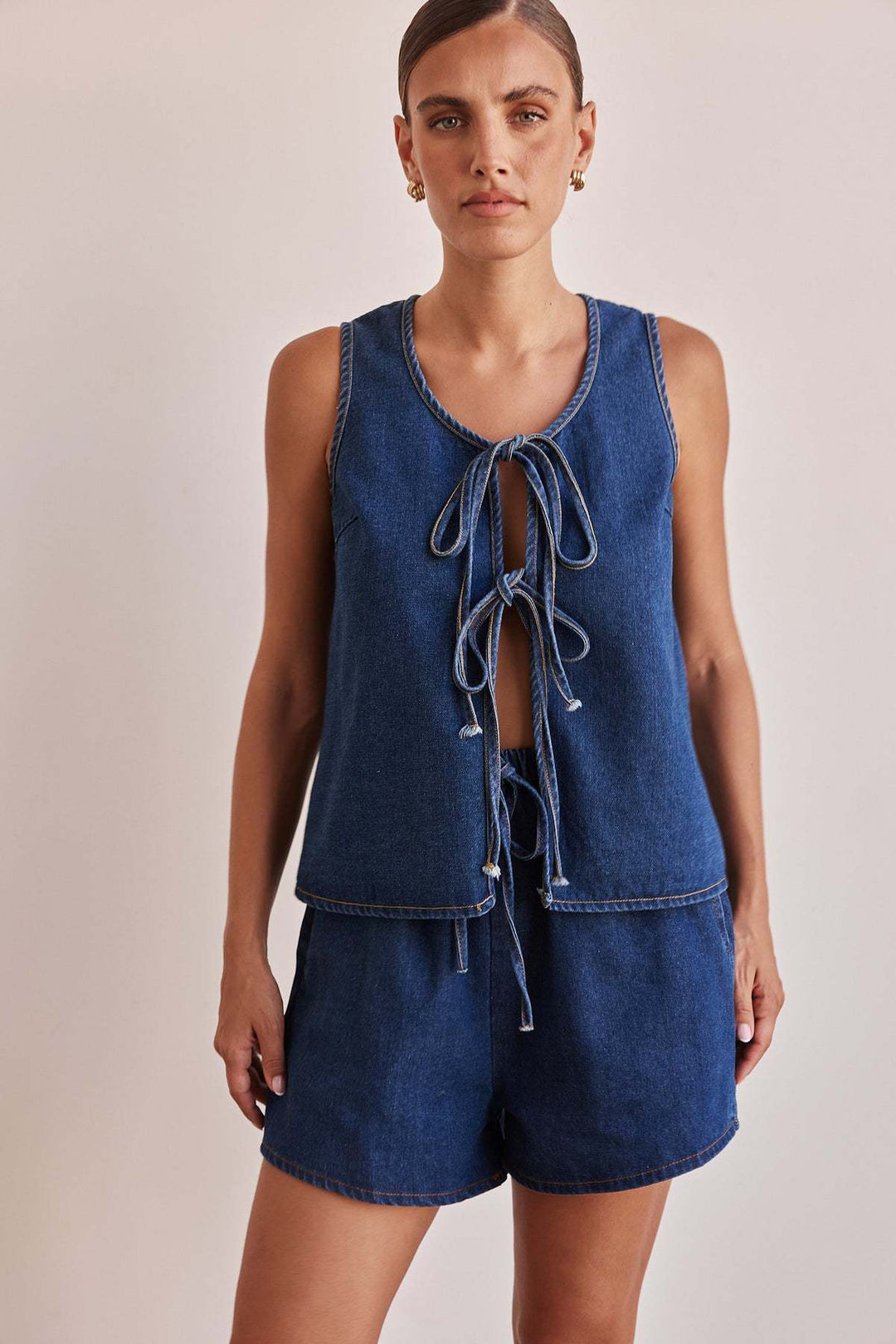 Chambray Tie-Front Vest &amp; High-Waist Shorts Set