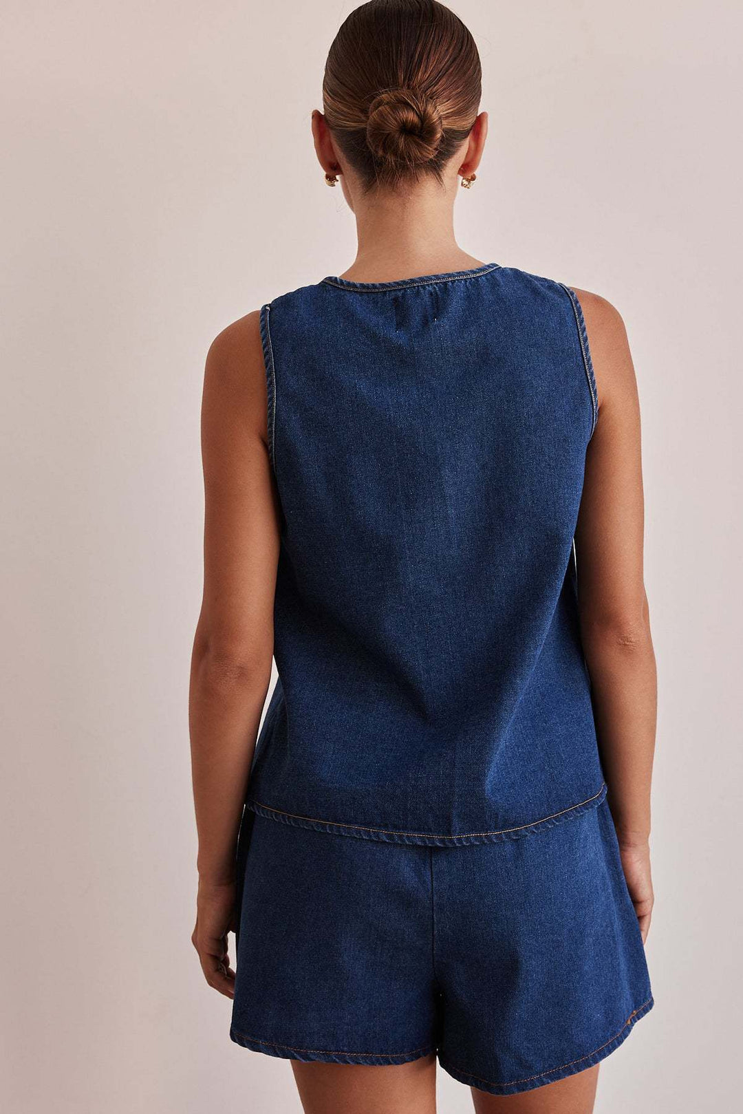 Chambray Tie-Front Vest &amp; High-Waist Shorts Set