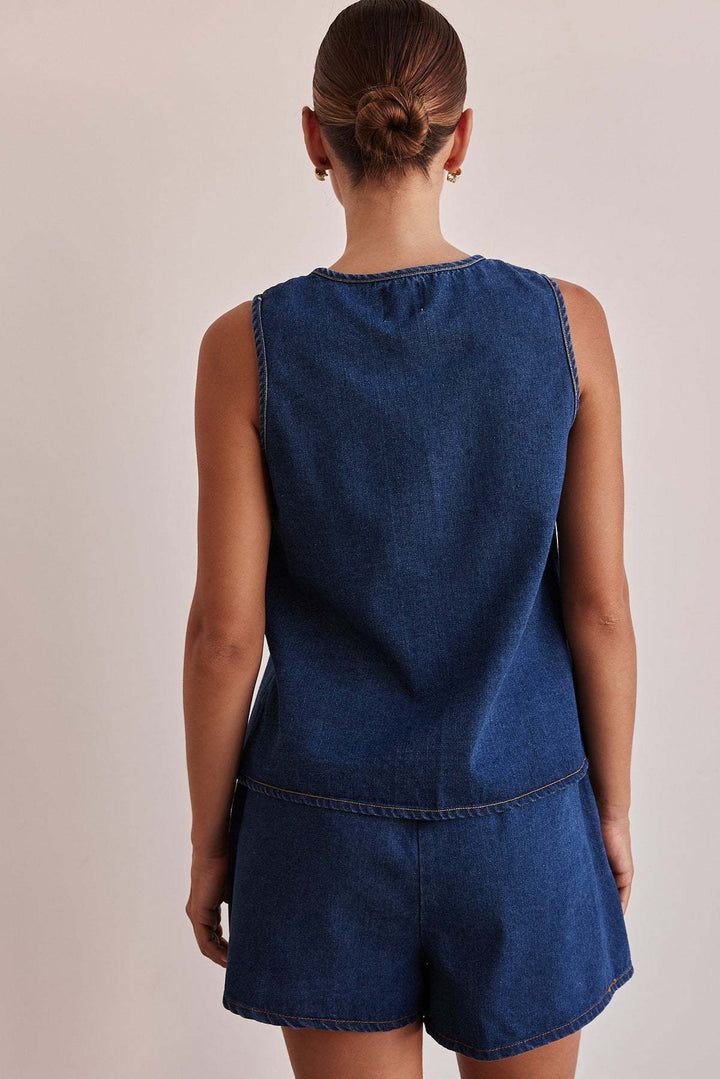 Chambray Tie-Front Vest &amp; High-Waist Shorts Set