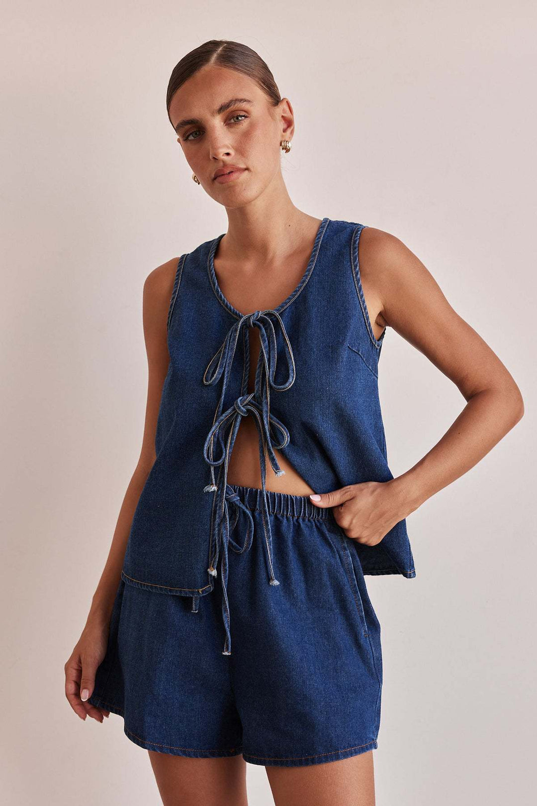 Chambray Tie-Front Vest &amp; High-Waist Shorts Set