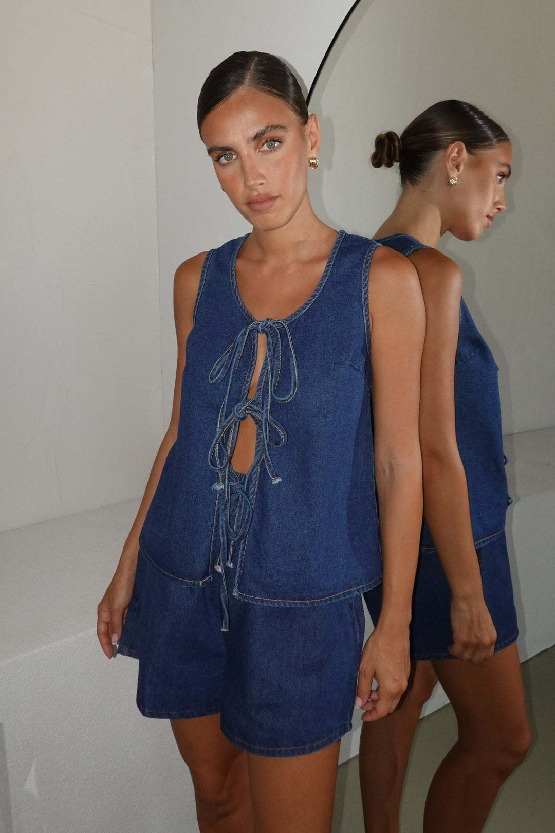 Chambray Tie-Front Vest &amp; High-Waist Shorts Set