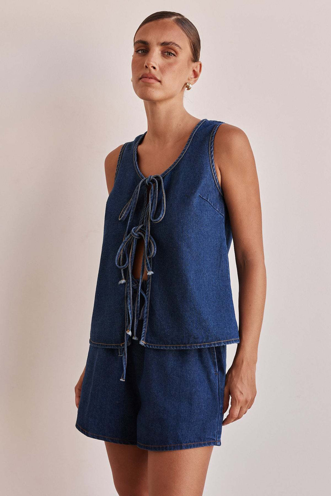 Chambray Tie-Front Vest &amp; High-Waist Shorts Set
