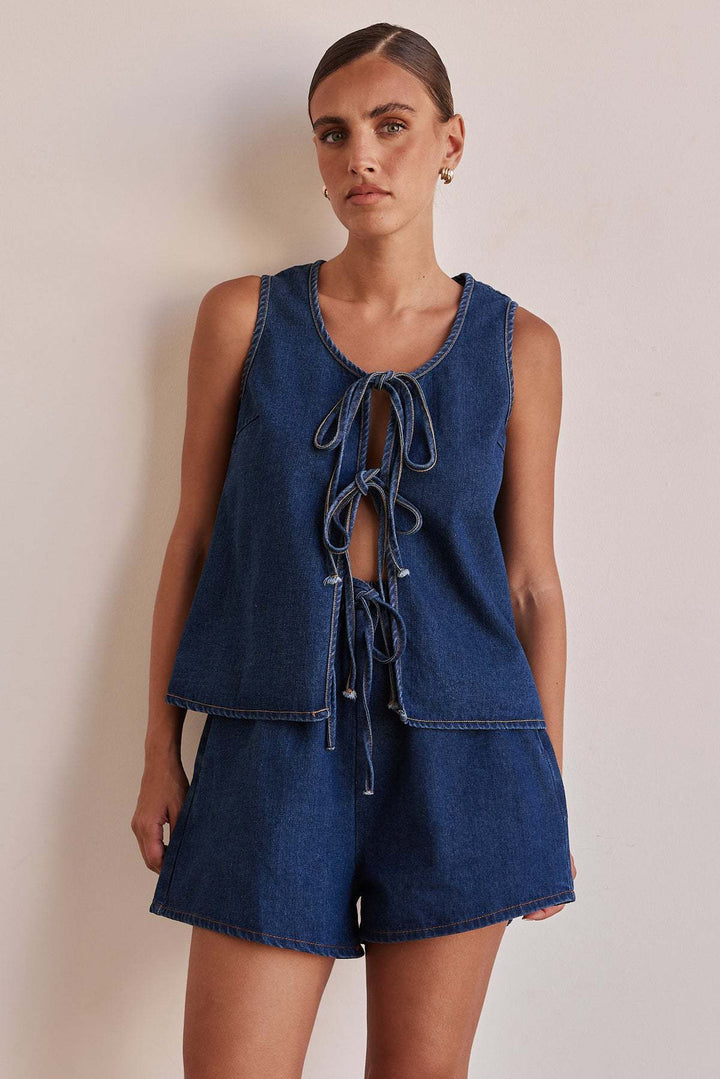 Chambray Tie-Front Vest &amp; High-Waist Shorts Set