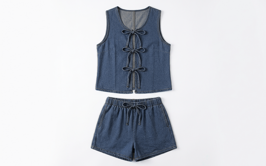 Chambray Tie-Front Vest & High-Waist Shorts Set
