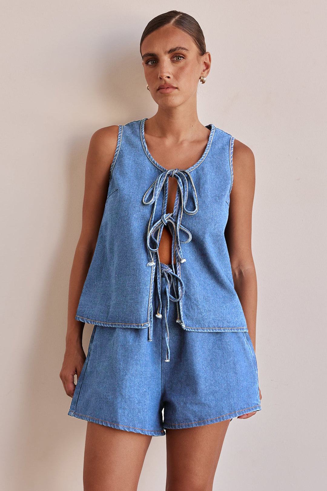 Chambray Tie-Front Vest &amp; High-Waist Shorts Set